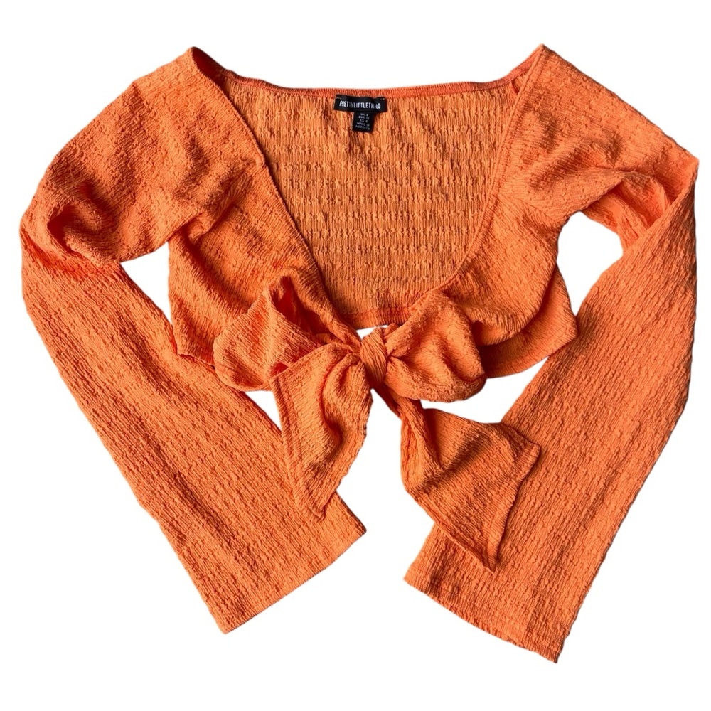 Pretty Little Thing Crop Tie Top Size US4 Orange Seersucker